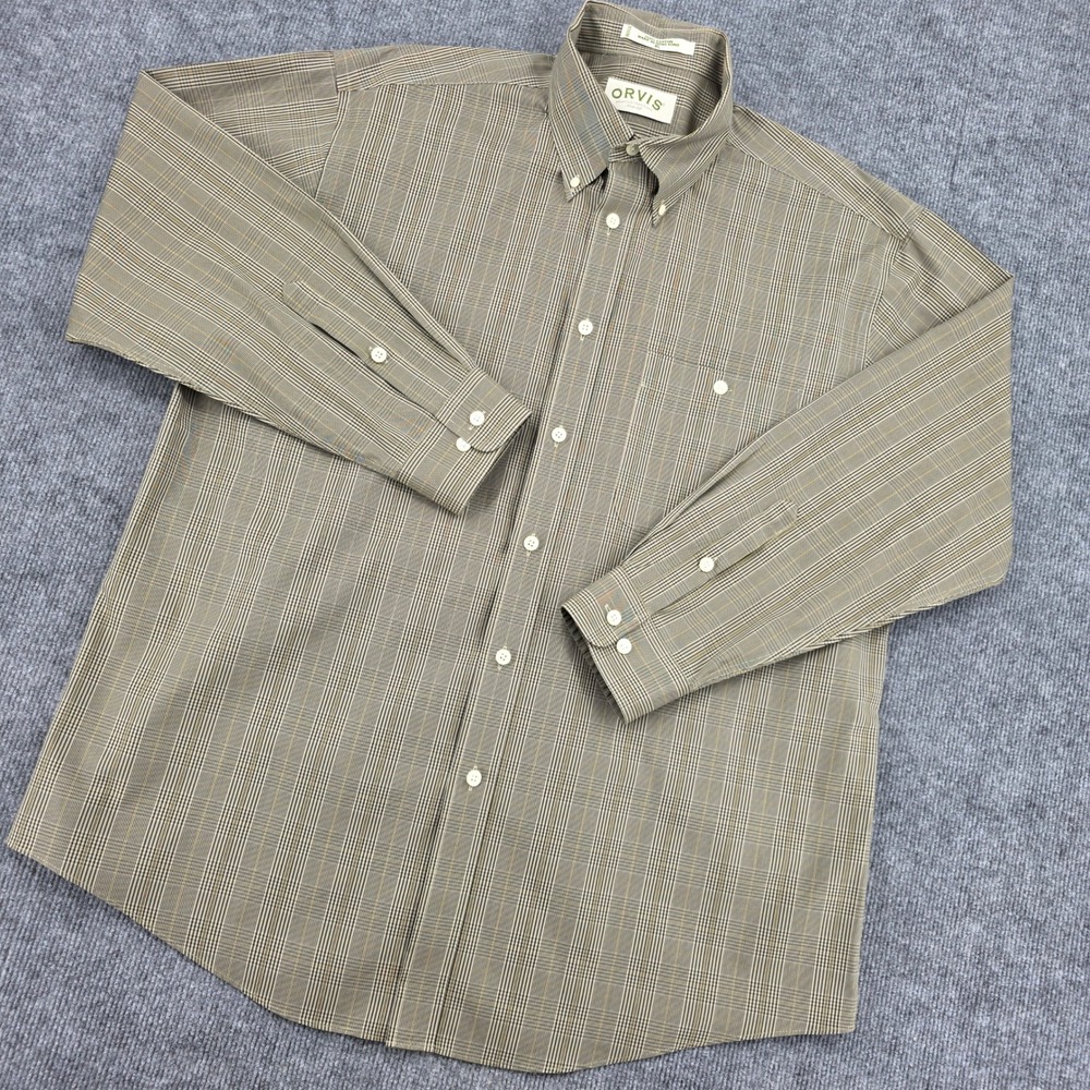Orvis Mens XL Glen Plaid Cotton Button Down Shirt Olive Green Long Sleeve Shirt